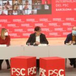 Salvador Illa, Lluïsa Moret y Miquel Iceta en una reunión interparlamentaria del PSC