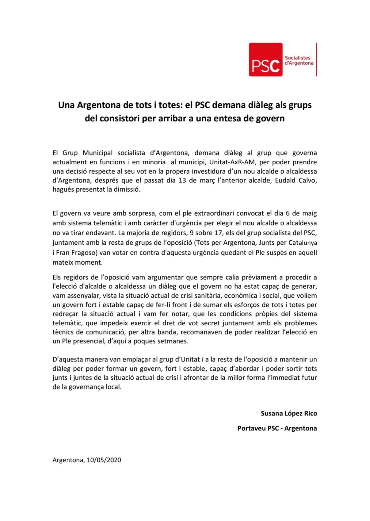 El PSC Argentona pide diálogo a los grupos del consistorio por
