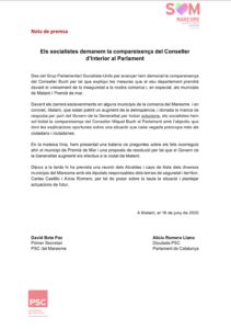 Els socialistes demanem la compareixença del Conseller d’Interior al Parlament