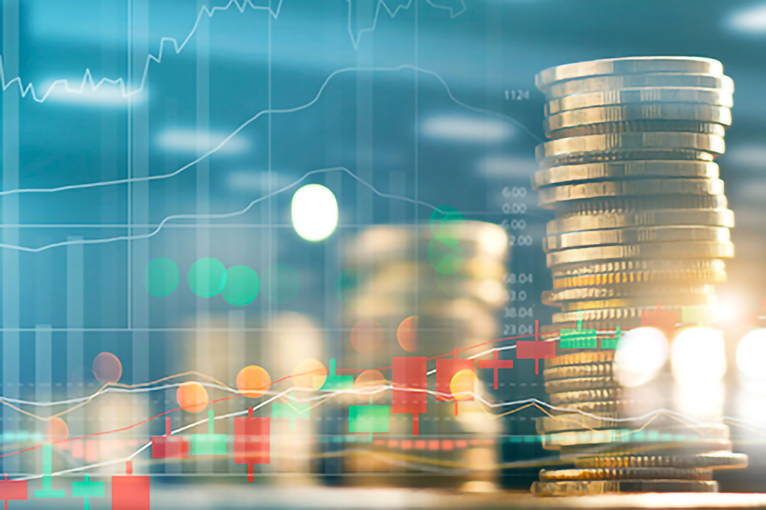 Finance and business investment concept. Graph and rows with statistic growth of coins on table.